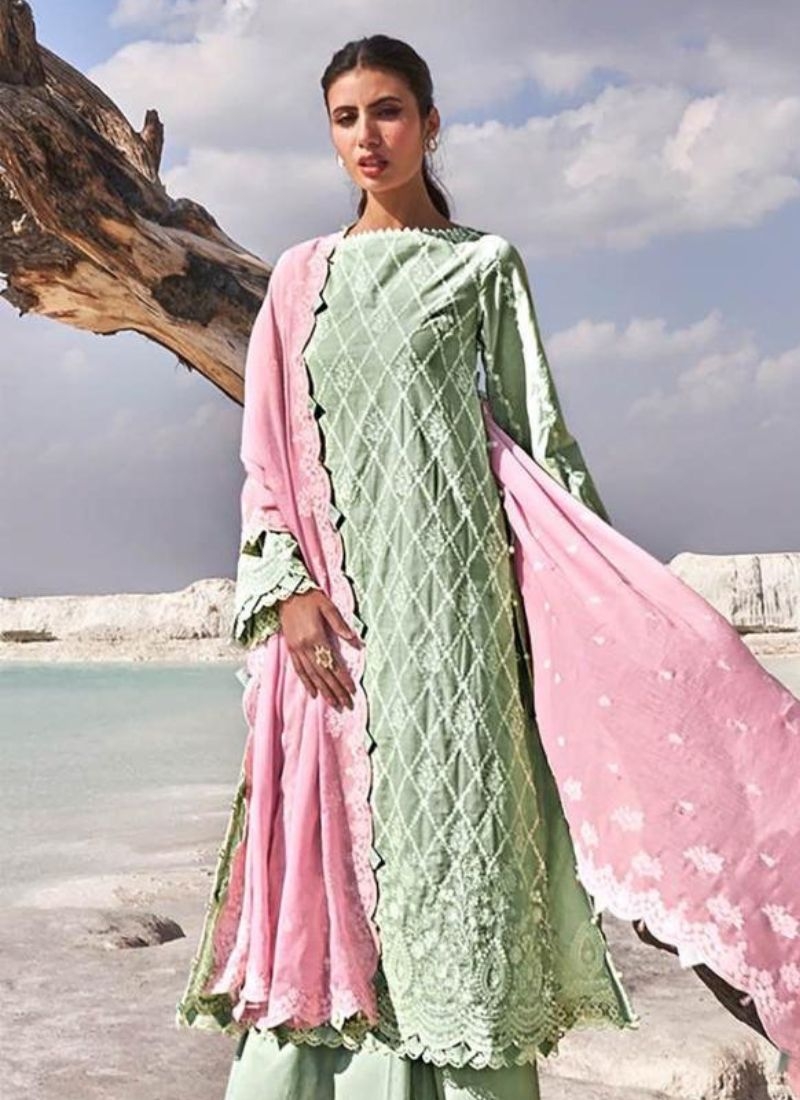 Exquisite cotton pant suit with mirror work in light green