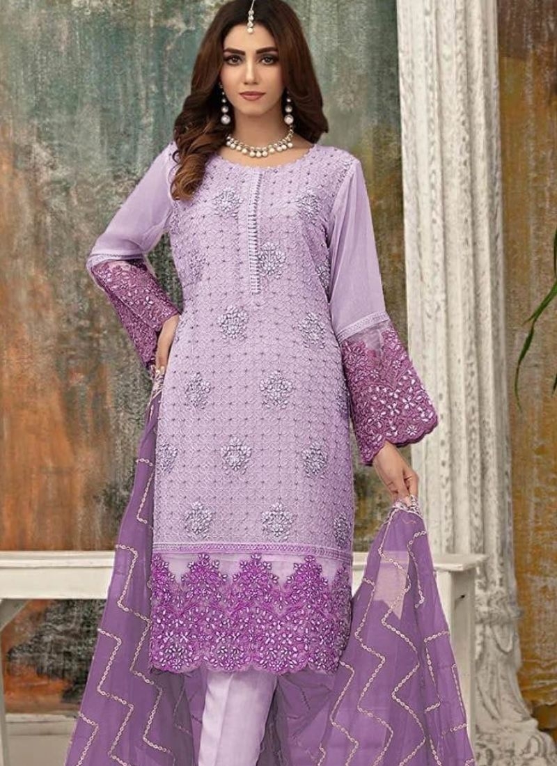 Trendy faux georgette pant suit set with hand embroidery in lavender