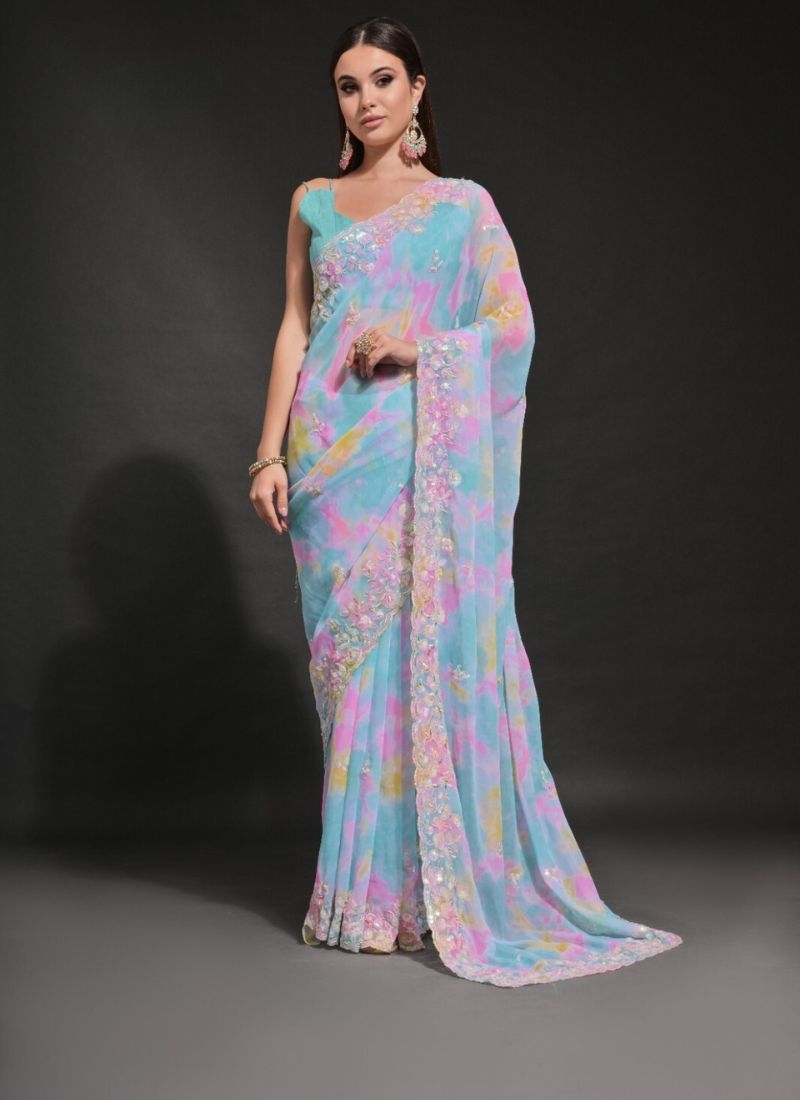 Soft georgette saree with prizam print in sky blue