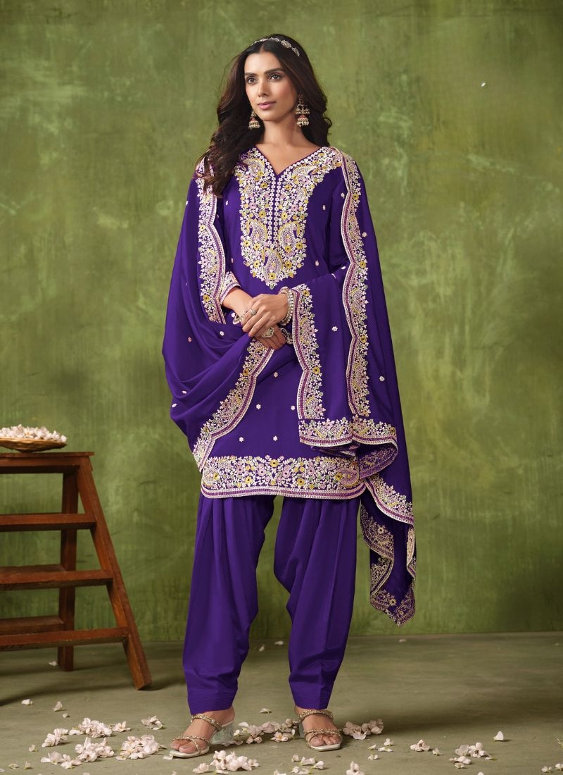 New patiala style chanderi silk salwar suit in purple