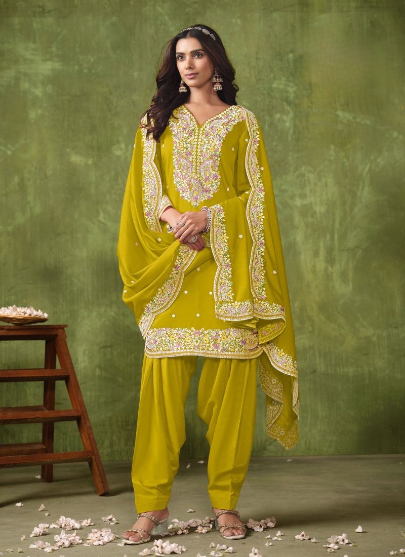 New patiala style chanderi silk salwar suit in Yellow