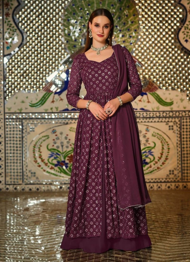 Women's beautiful printed anarkali long gown set in wine