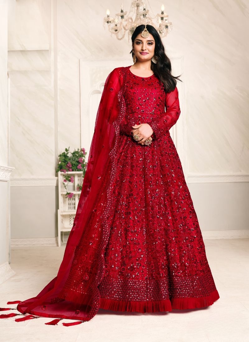 Classic net embroidered gown with dupatta in red