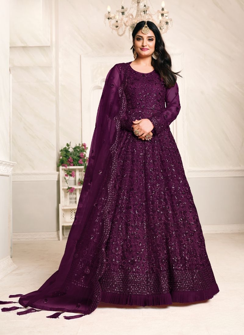 Classic net embroidered gown with dupatta in wine