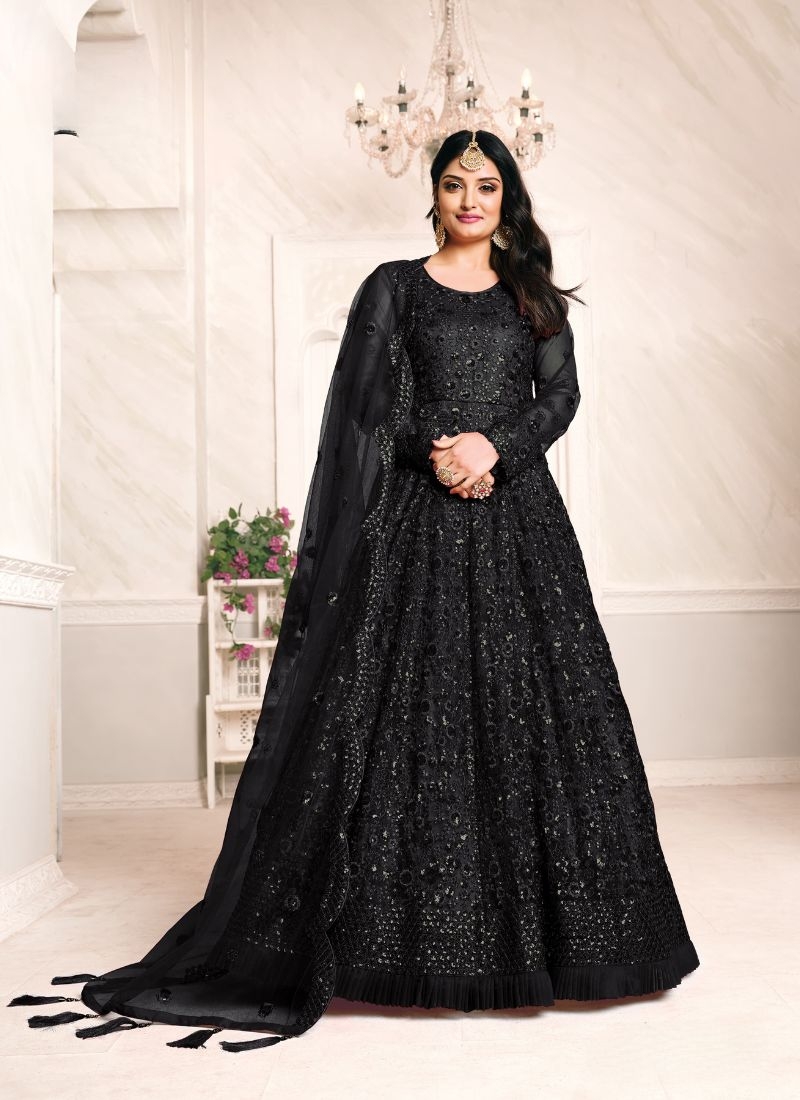 Classic net embroidered gown with dupatta in black