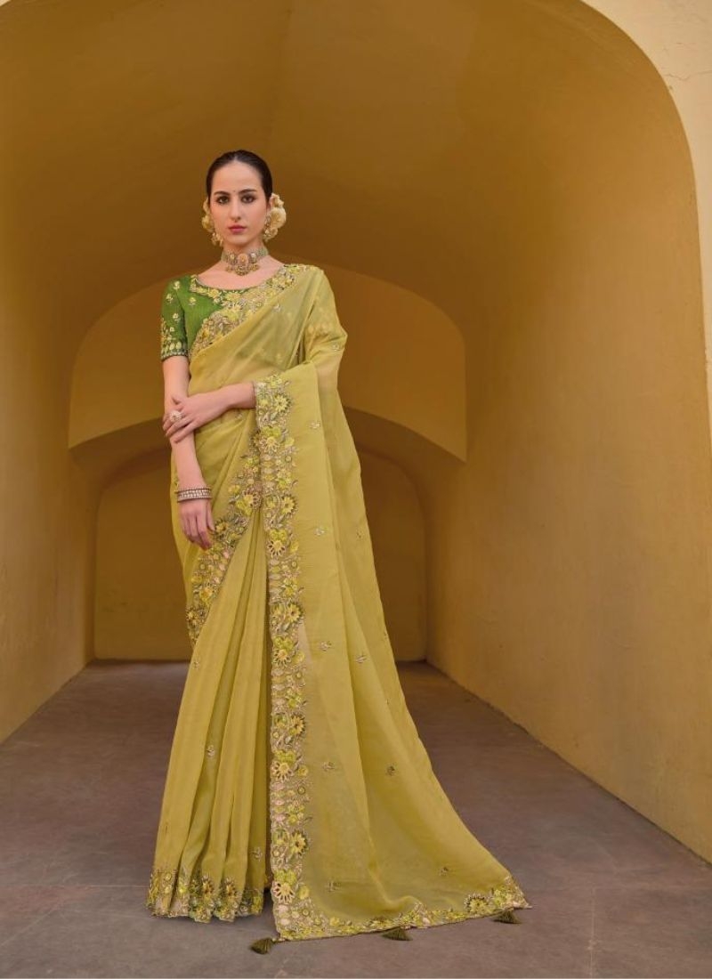 Beautiful organza silk saree with cut work in border in light green