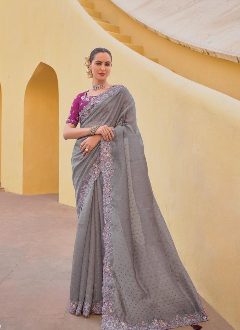 Beautiful organza silk saree with cut work in border in grey