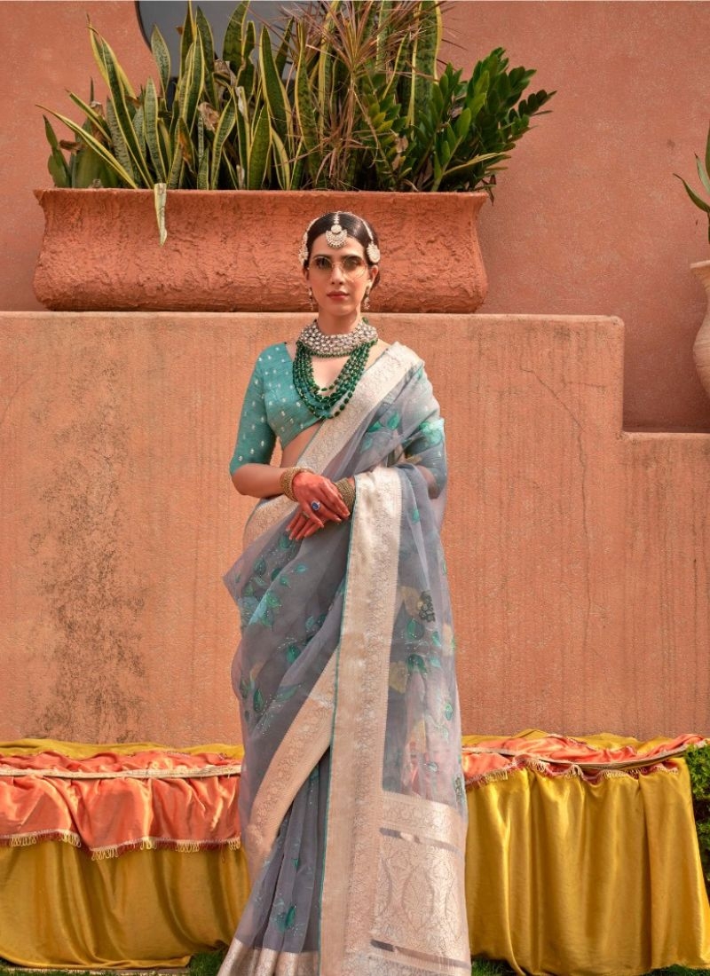 Modern organza silk saree with jacquard design in ocean blue