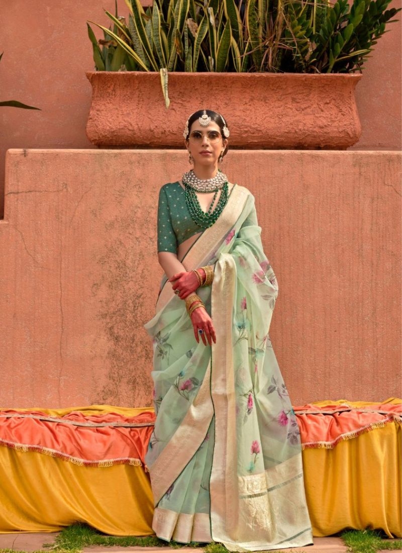 Modern organza silk saree with jacquard design in light green