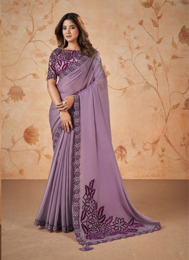 Beautiful crepe satin silk saree with cord embroidered in light purple