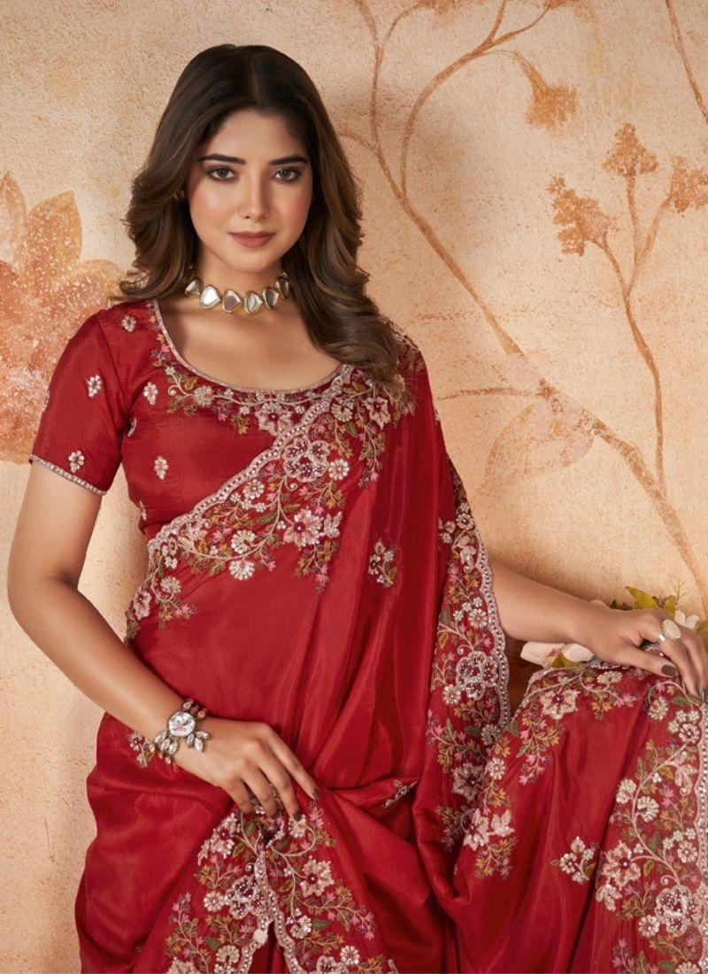 Beautiful upda silk saree with cord embroidered in red