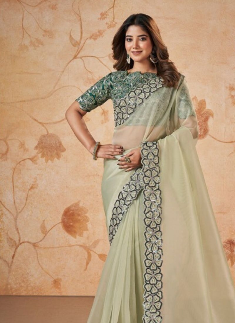 Beautiful organza silk saree with cord embroidered in pastel green