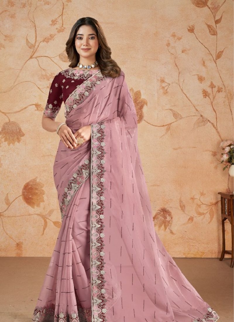 Beautiful organza silk saree with heavy printed embroidery in dusky rose