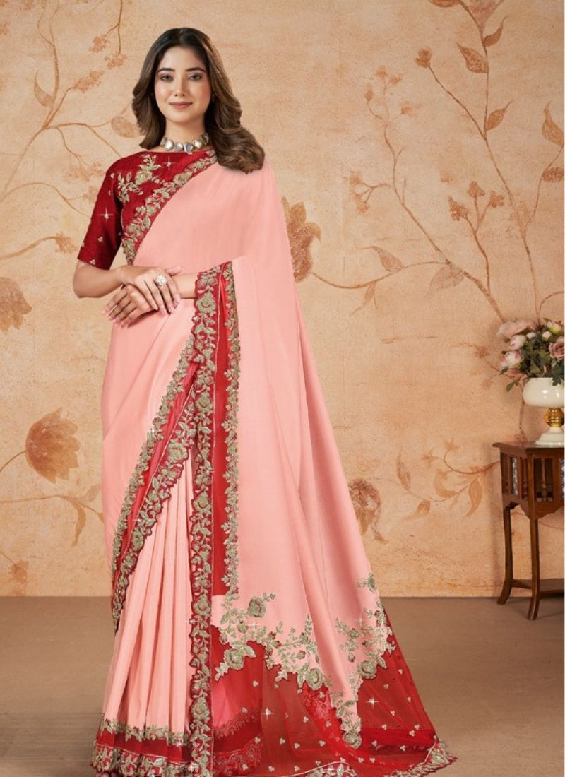 Beautiful satin silk georgette saree with retham in peach pink