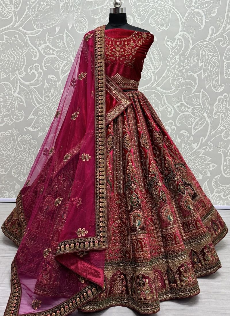 Designer soft velvet bridal lehenga in red