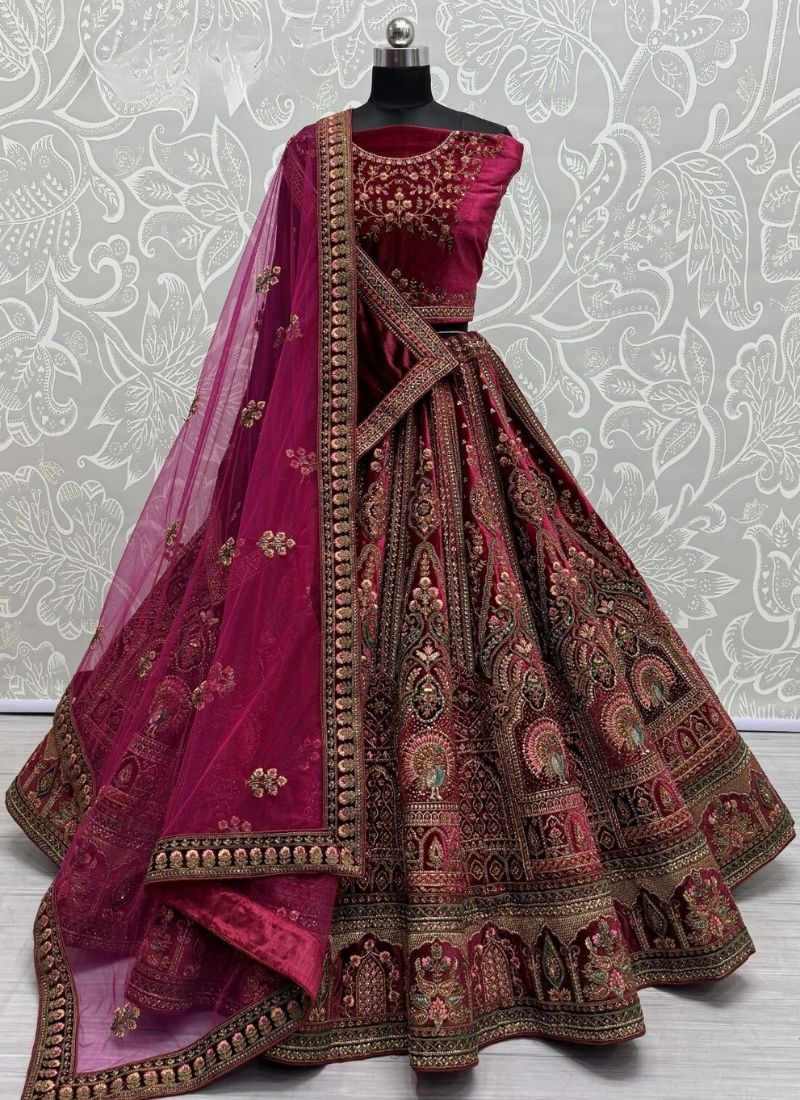 Designer soft velvet bridal lehenga choli with mirror work in maroon