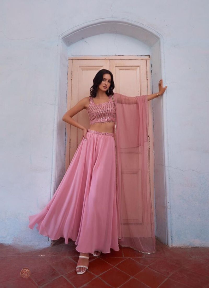 Designer georgette sharara and choli with hand embellishment in baby pink