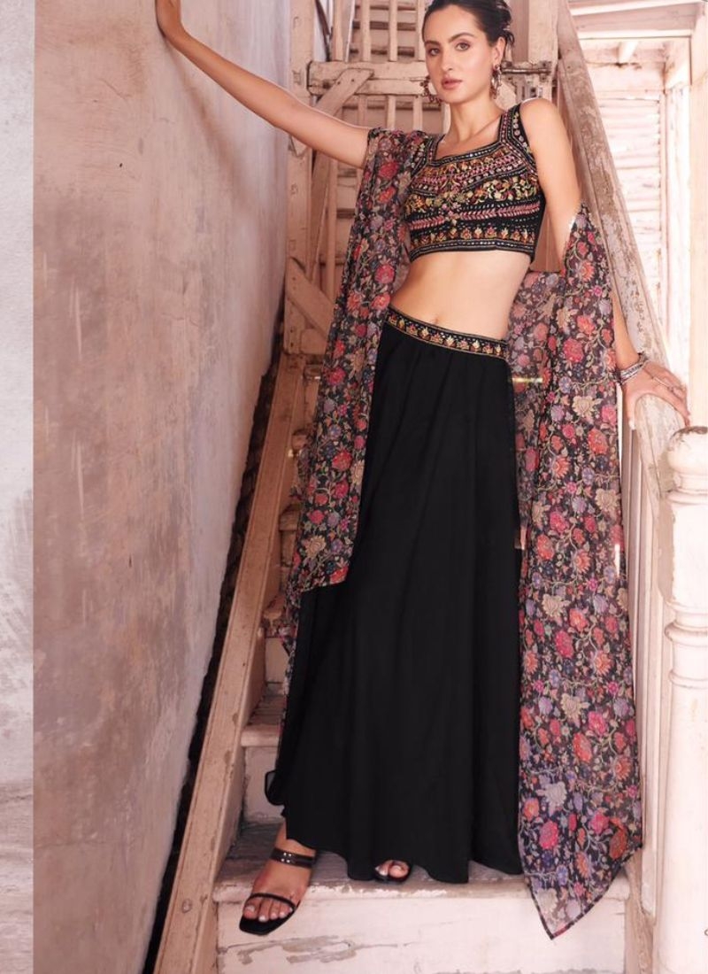 Designer georgette sharara and choli with hand embellishment in black