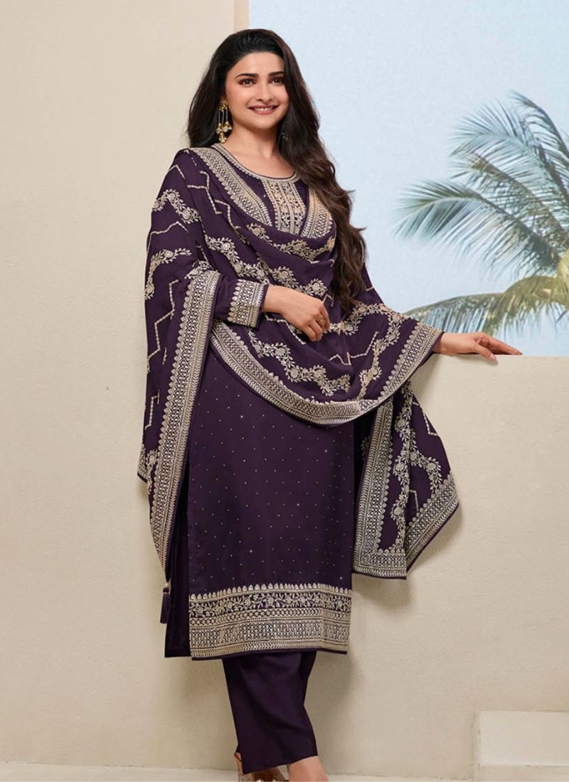 Trendy santoon kurta pant set with heavy embroidered in dark violet