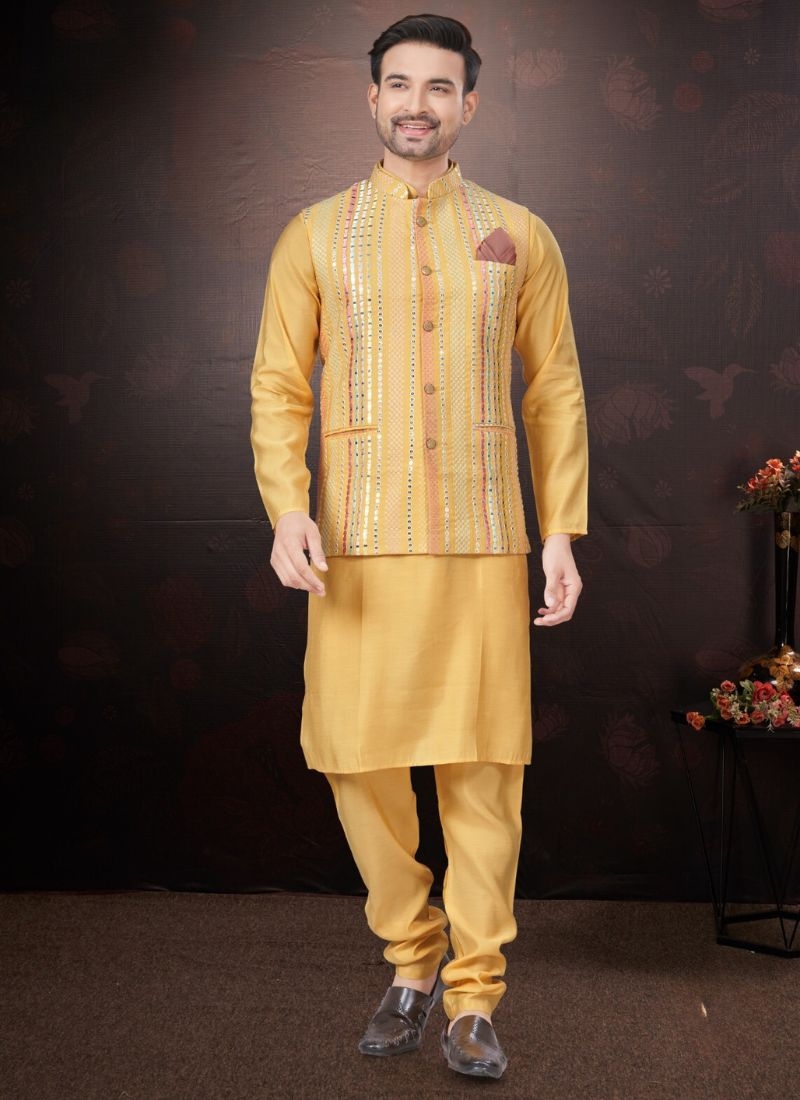 Pure silk kurta pajamas with embroidered jacket in yellow