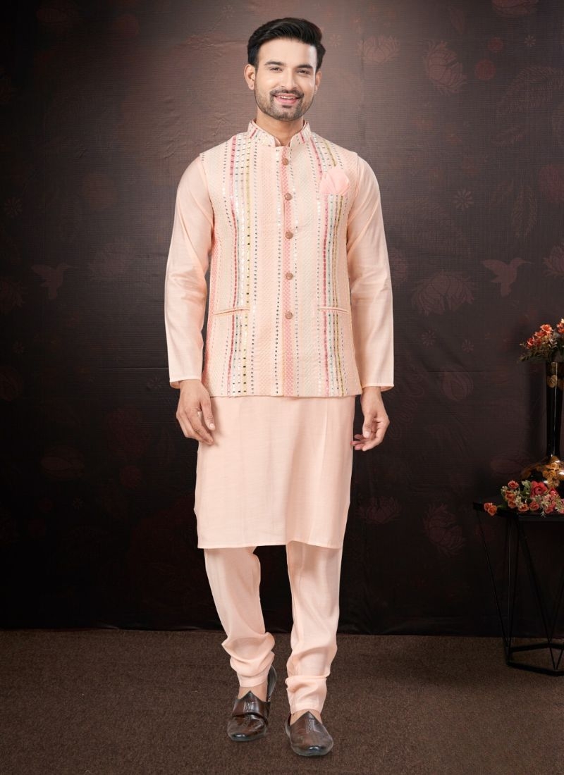Pure silk kurta pajamas with embroidered jacket in peach