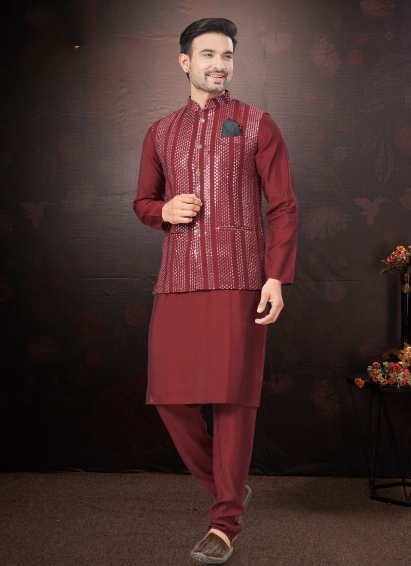 Pure silk kurta pajamas with embroidered jacket in maroon