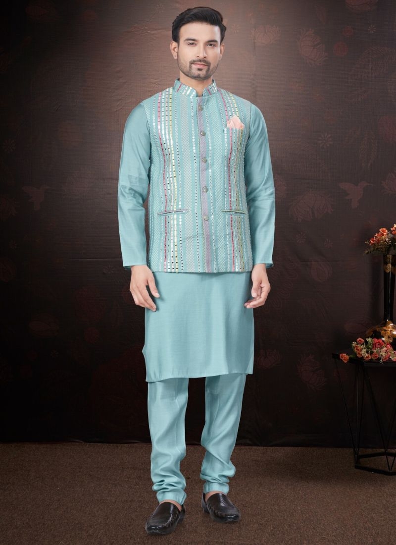 Pure silk kurta pajamas with embroidered jacket in sky blue
