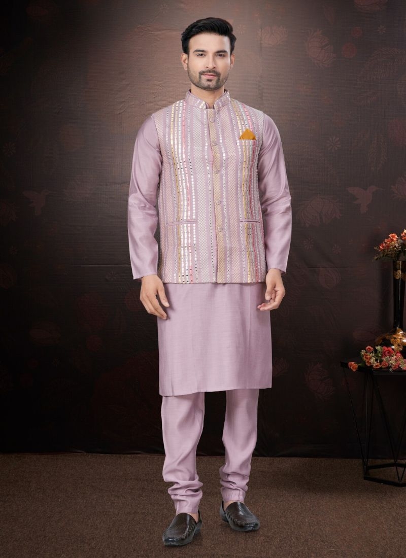 Pure silk kurta pajamas with embroidered jacket in purple