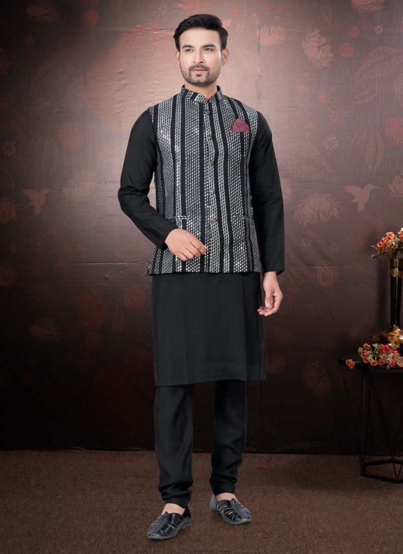 Pure silk kurta pajamas with embroidered jacket in black