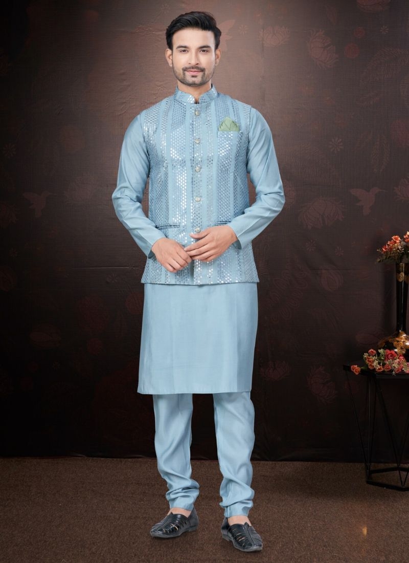 Pure silk kurta pajamas with embroidered jacket in blue