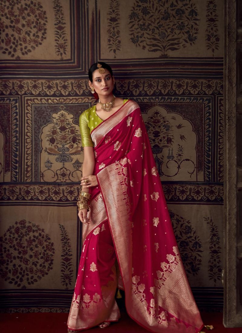 Pure dola silk saree with meenakari work in red