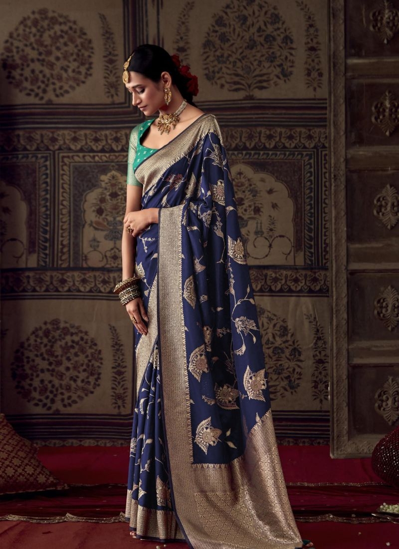 Pure dola silk saree with meenakari work in dark blue