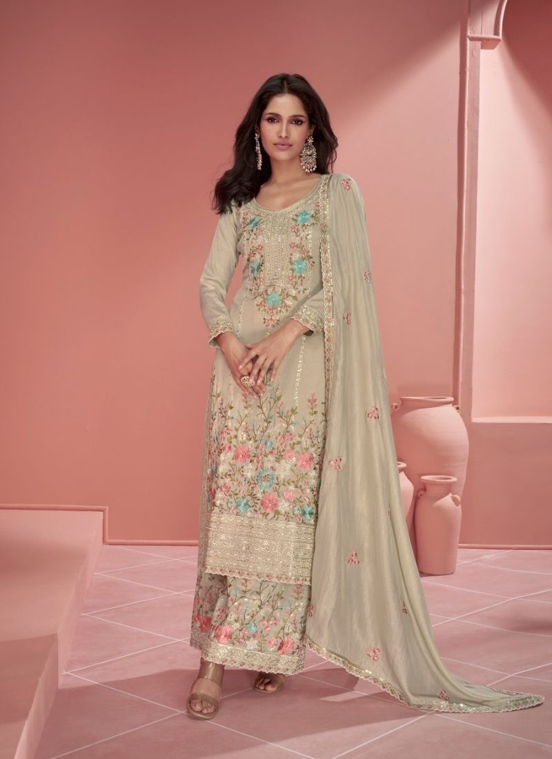 Exquisite heavy embroidered palazzo suit in beige