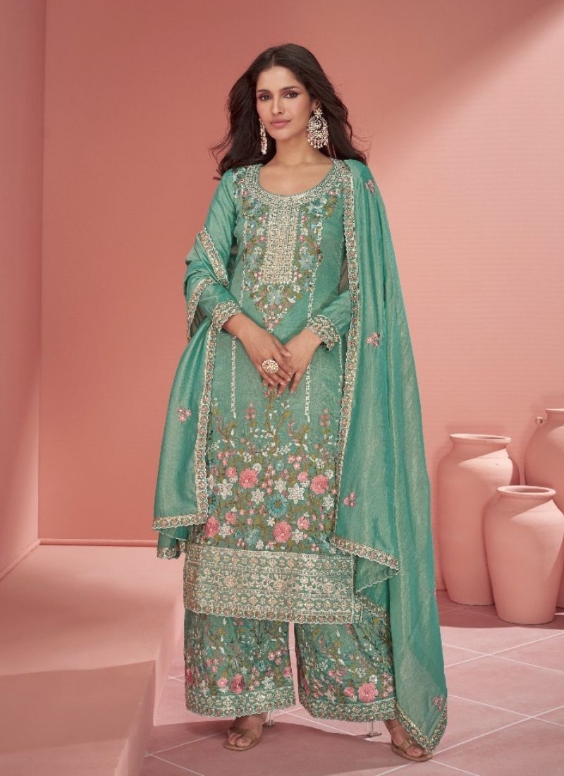 Exquisite heavy embroidered palazzo suit in green
