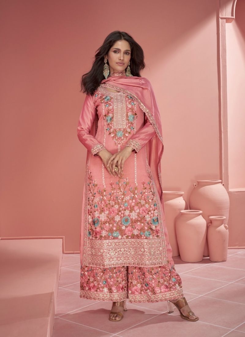 Exquisite heavy embroidered palazzo suit in pink