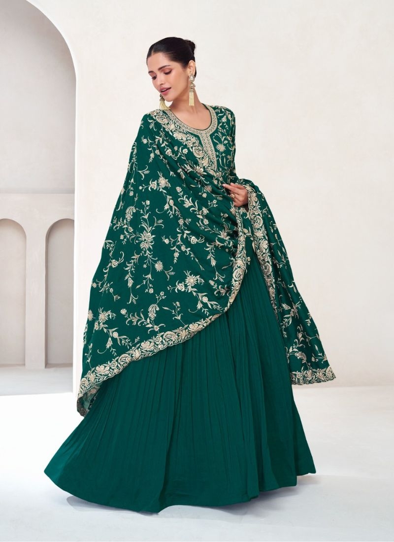 Stunning silk embroidered gown with printed dupatta in green