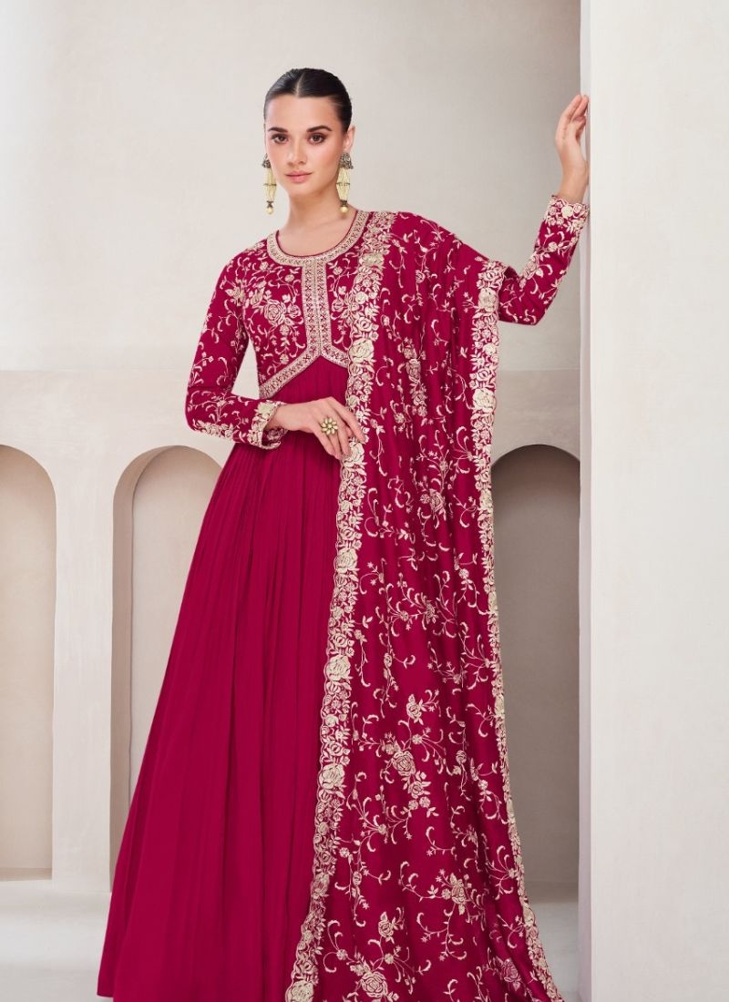 Stunning silk embroidered gown with printed dupatta in red