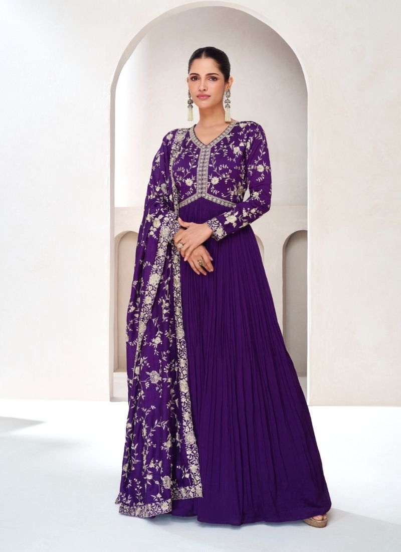 Stunning silk embroidered gown with printed dupatta in purple