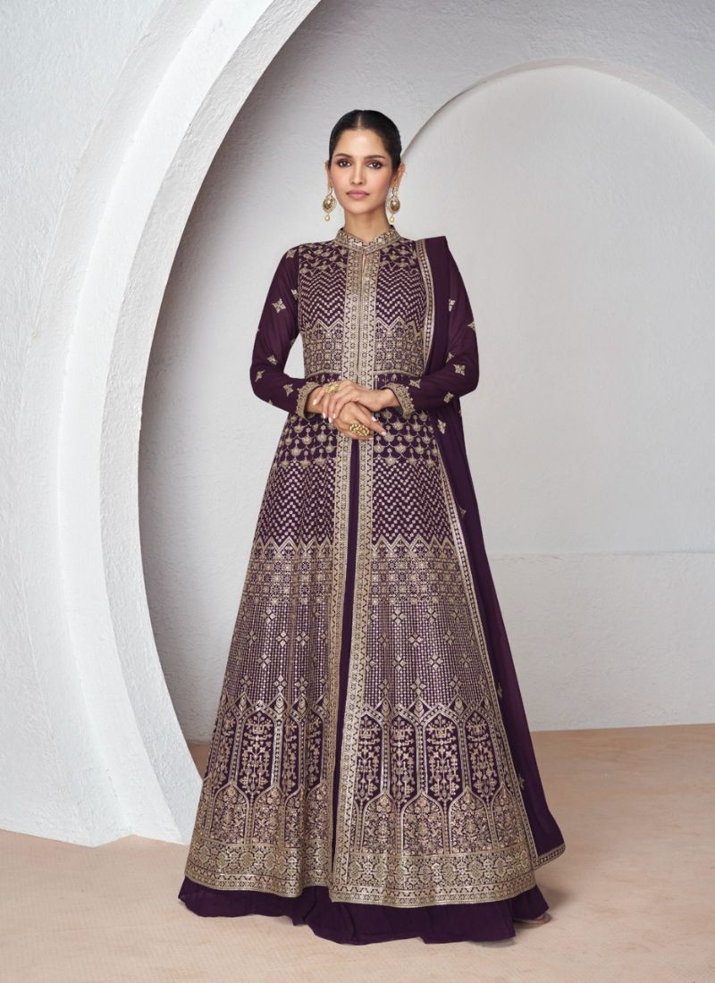 Premium georgette anarkali suit with thread embroidery in wine