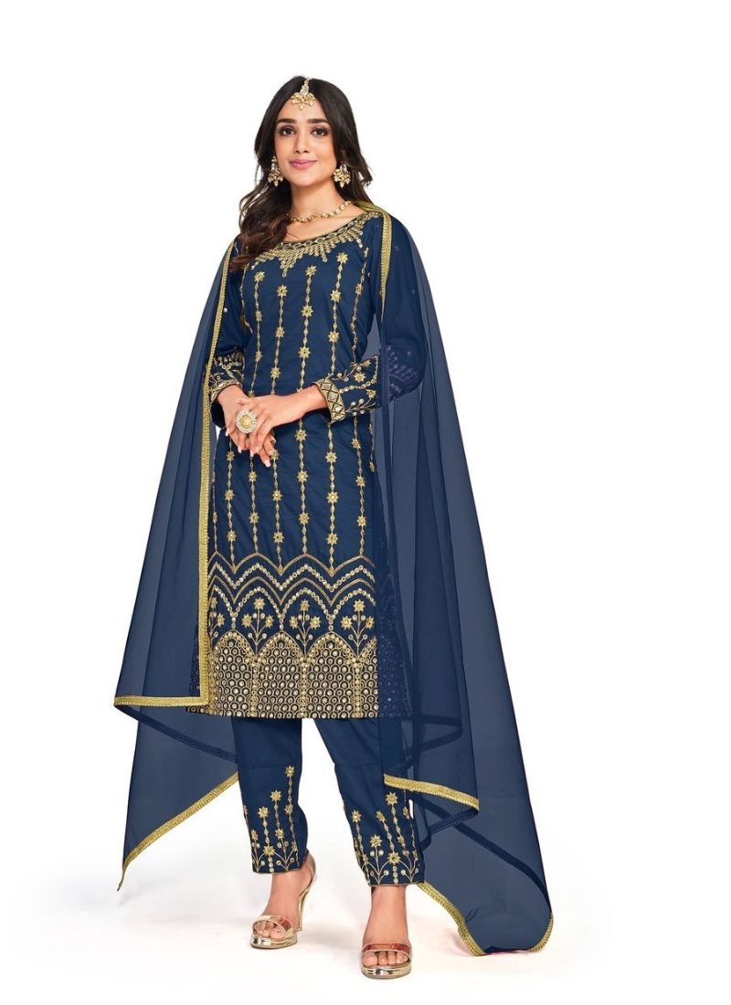 Beautiful italian soft silk kurta pant set with mirror embroidery work in dark blue