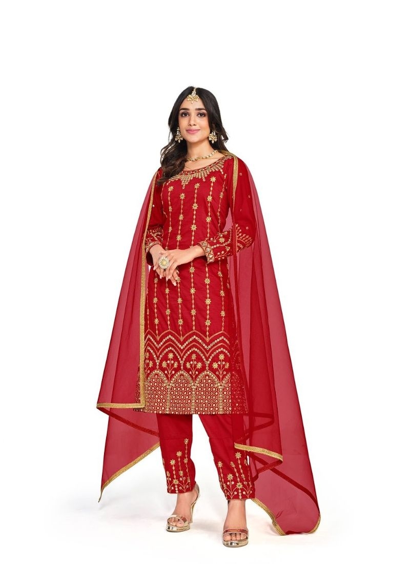 Beautiful italian soft silk kurta pant set with mirror embroidery work in red