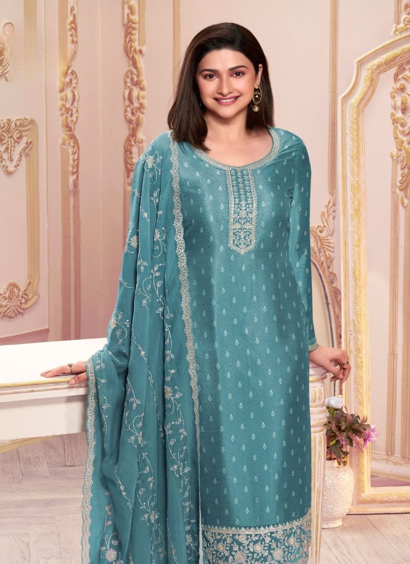 Trendy silk georgette pant kurta set with printed dupatta in blue