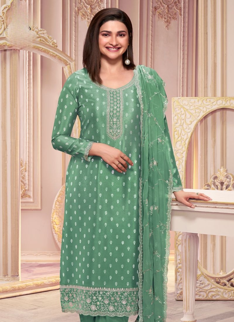 Trendy silk georgette pant kurta set with printed dupatta in light green