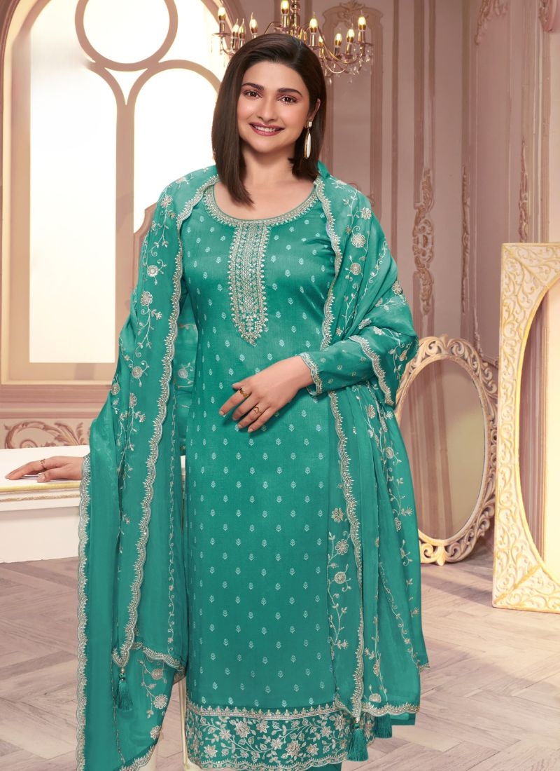 Trendy silk georgette pant kurta set with printed dupatta in green