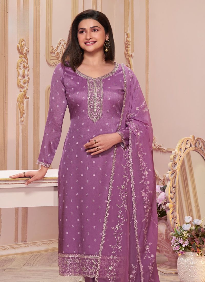 Trendy silk georgette pant kurta set with printed dupatta in purple