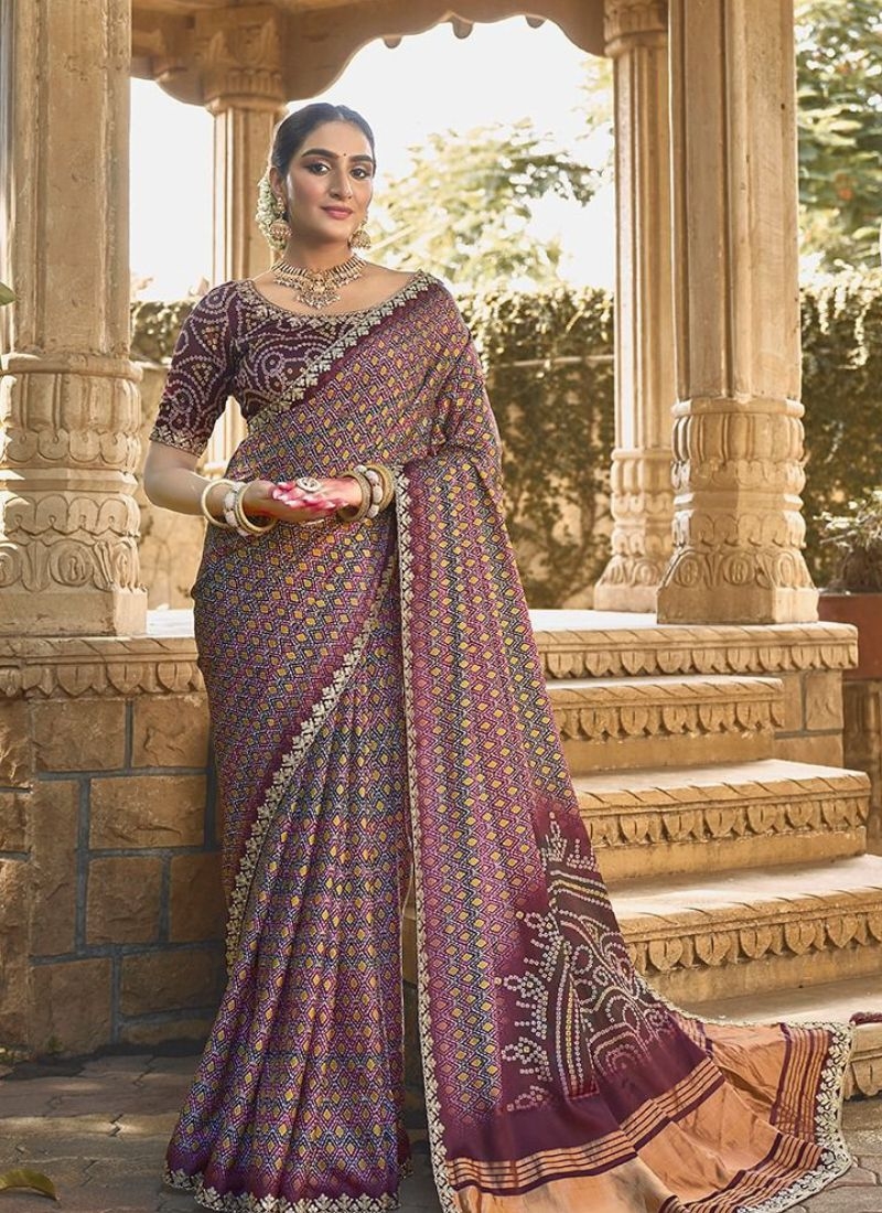 Stunning silk saree with hand embroidery in purple