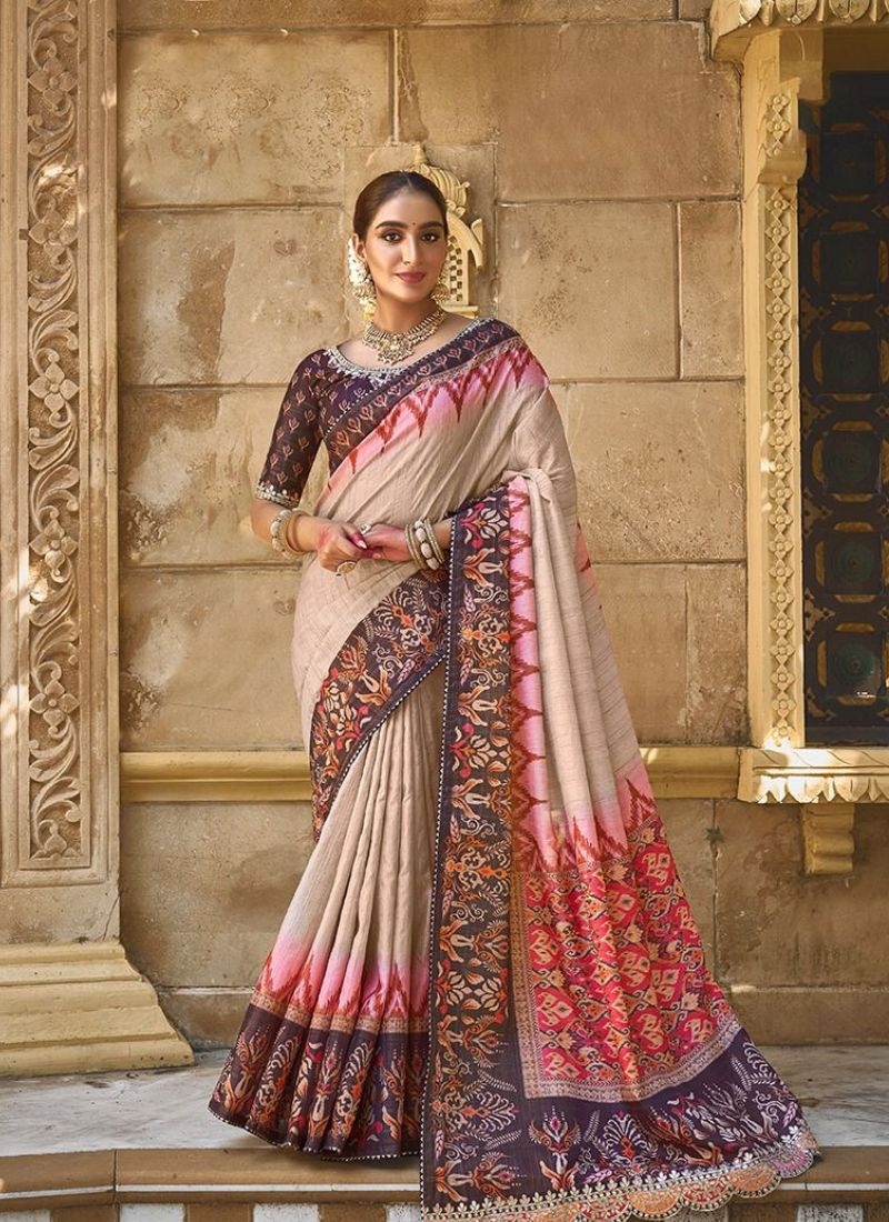 Stunning silk saree with gota embroidery in beige