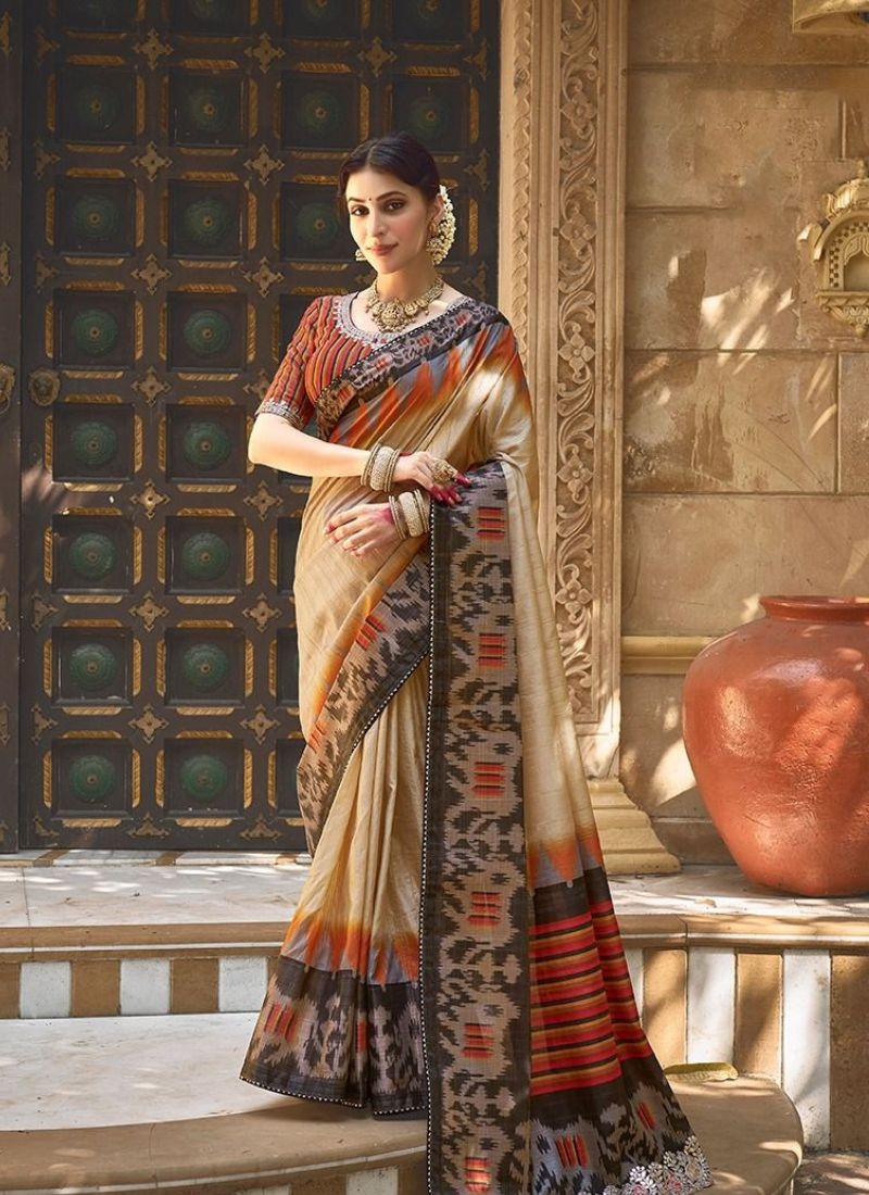 Stunning silk saree with pure gotta embroidery orange