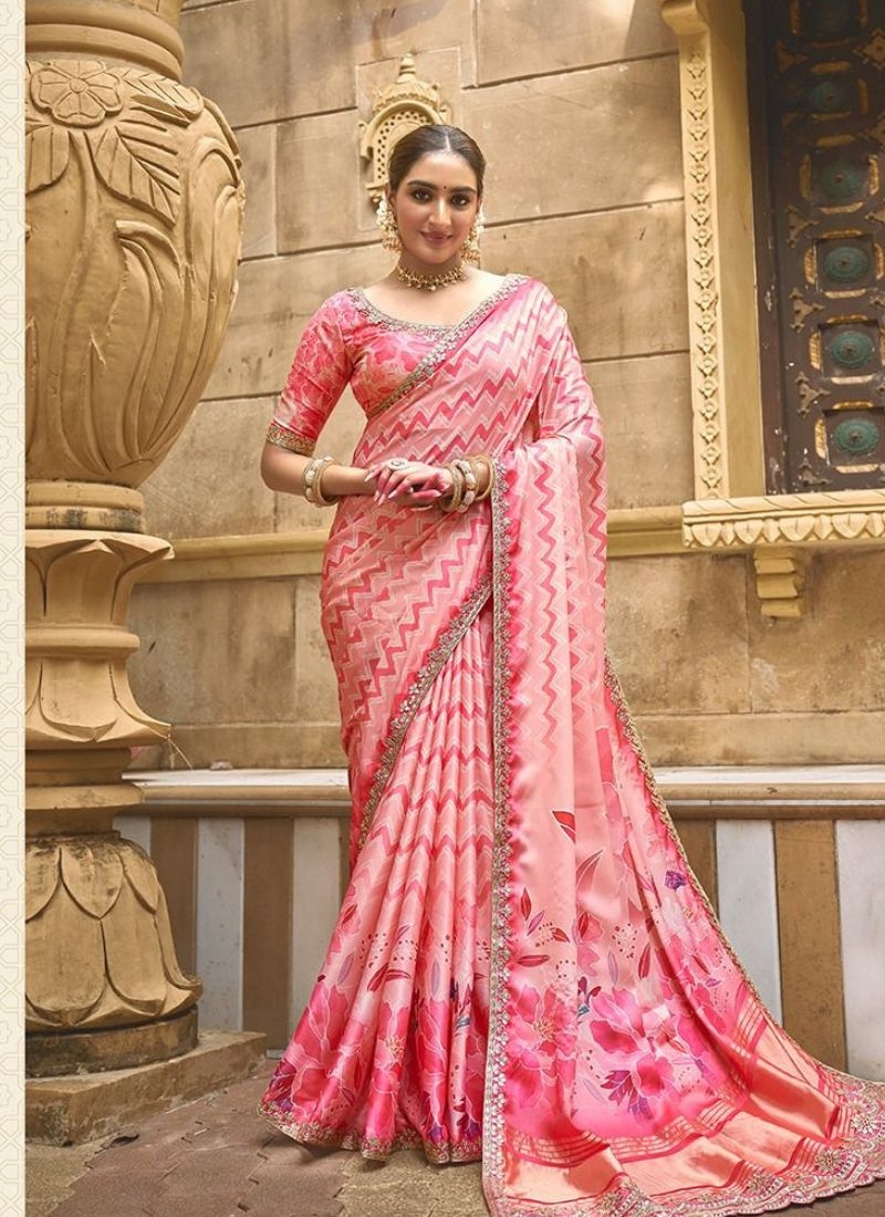 Stunning silk saree with foil and moti work embroidery in pink