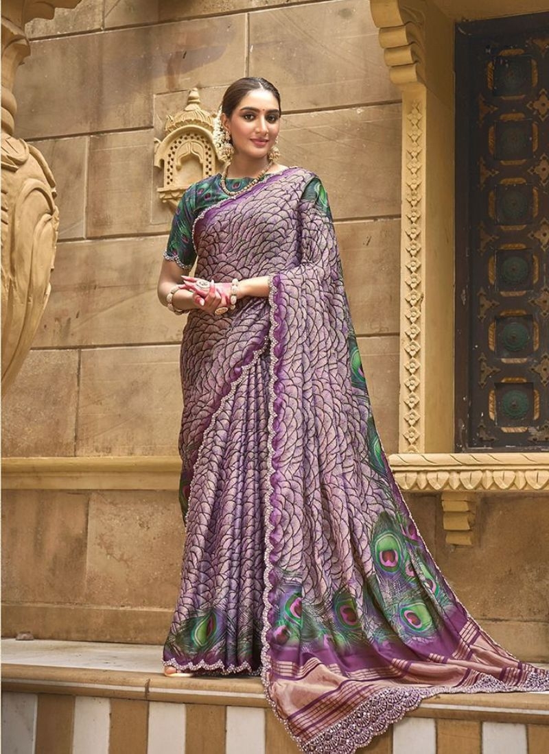 Stunning silk saree with diamond handwork embroidery in dark violet